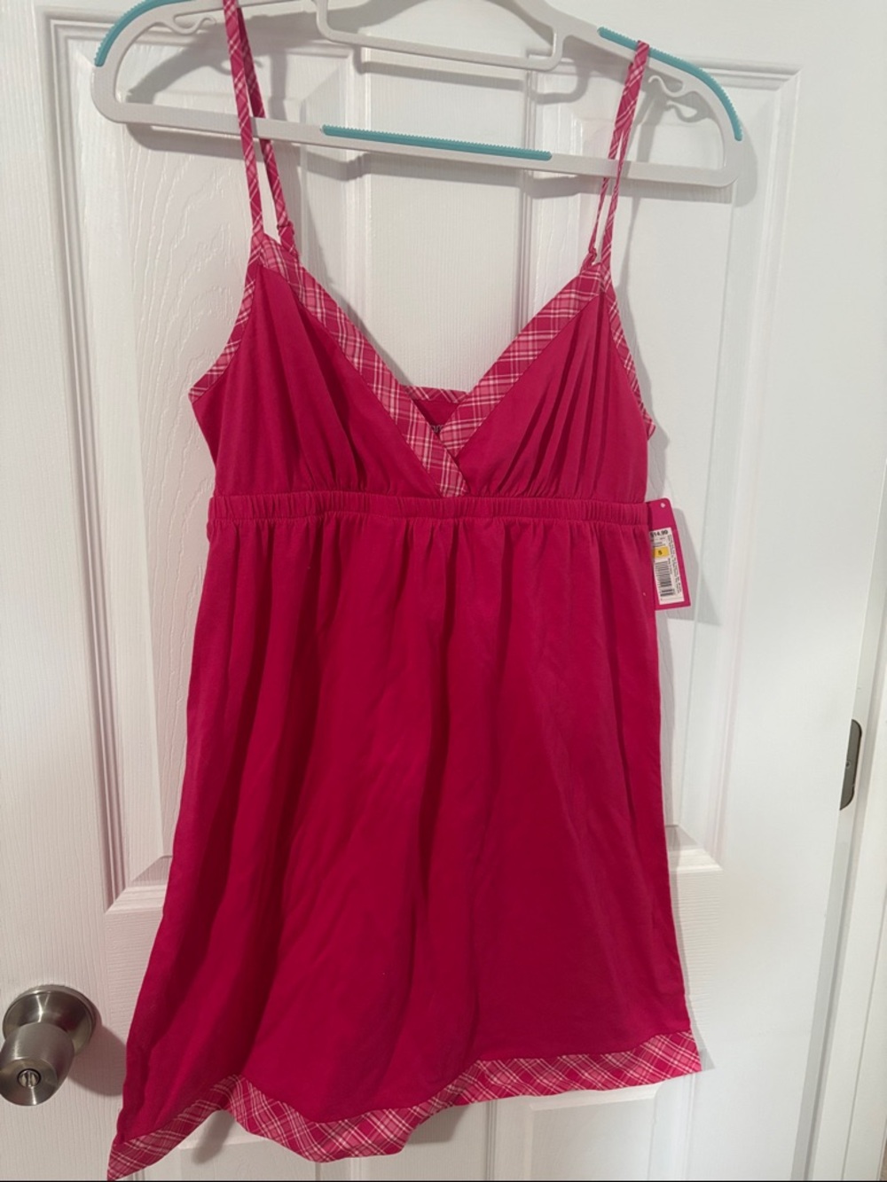 NWT Hot Pink Plaid-Trim Spaghetti Strap Sleep Chemise
